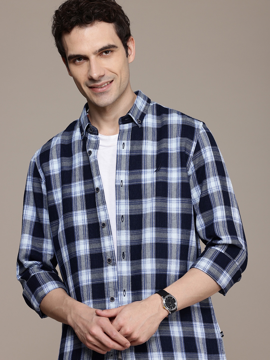 

Nautica Pure Cotton Slim Fit Tartan Checked Casual Shirt, Blue