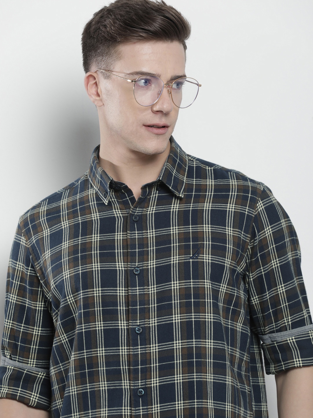 

Nautica Checked Pure Cotton Casual Shirt, Navy blue