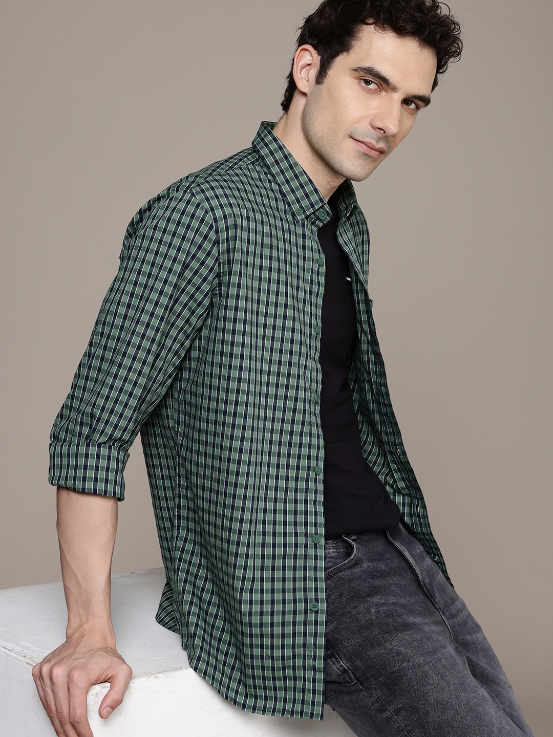 

Nautica Slim Fit Gingham Checks Opaque Casual Shirt, Green