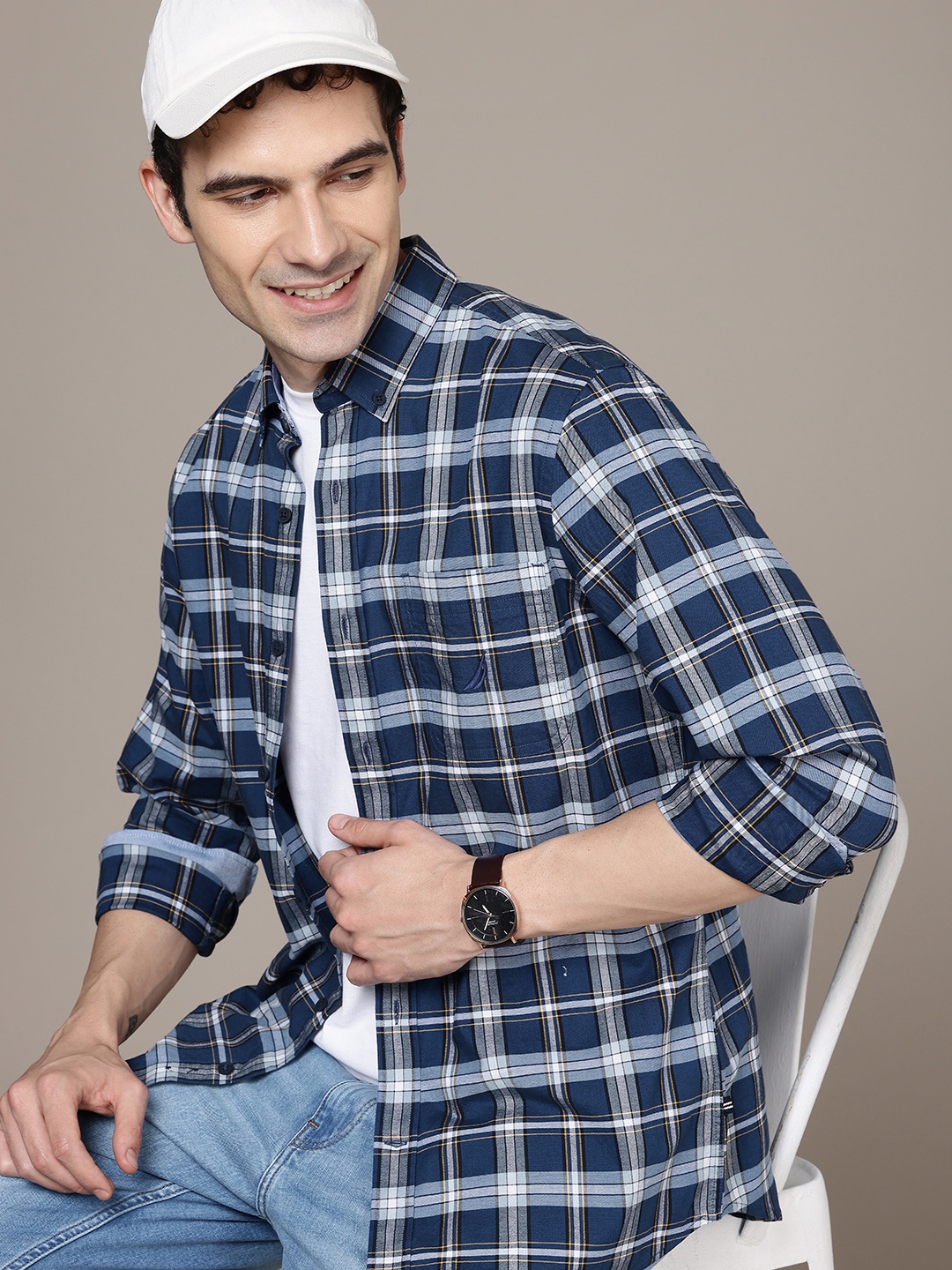 

Nautica Classic Fit Opaque Checked Casual Shirt, Navy blue