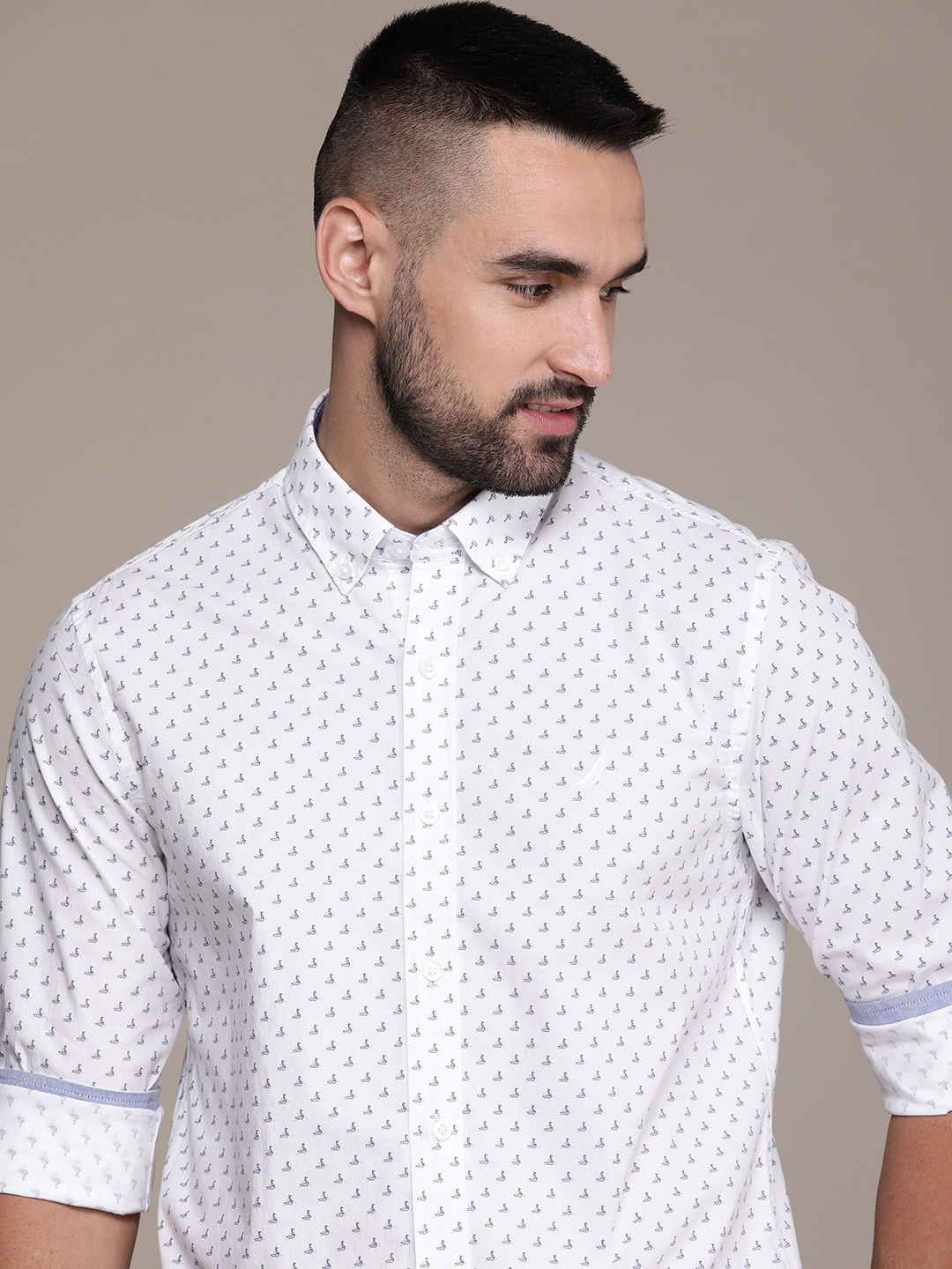 

Nautica Slim Fit Geometric Printed Casual Shirt, White