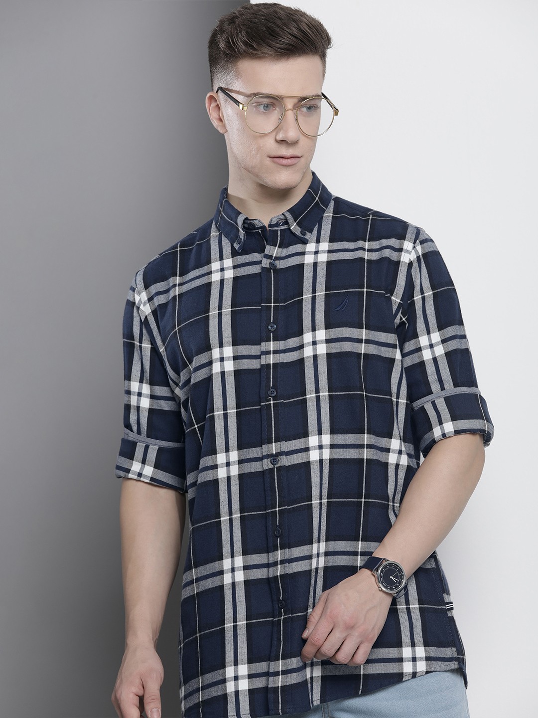 

Nautica Classic Fit Checked Pure Cotton Casual Shirt, Na
