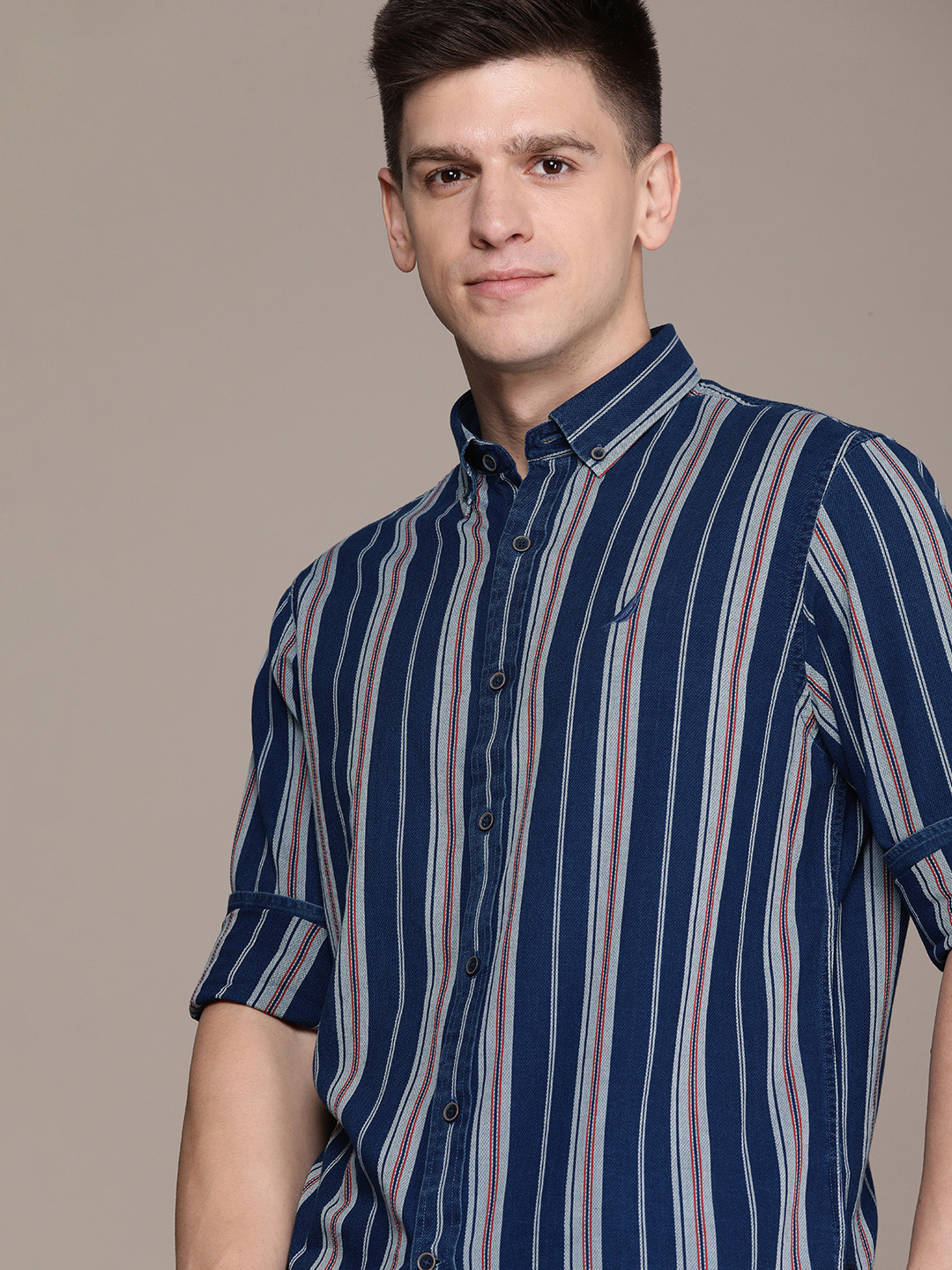 

Nautica Striped Classic Fit Pure Cotton Casual Shirt, Blue
