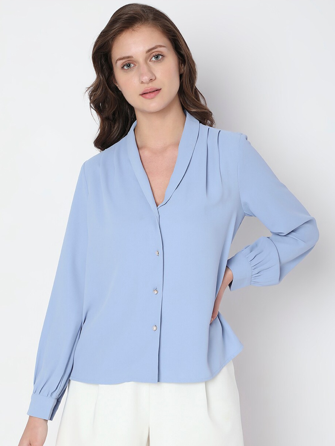 

Vero Moda V-Neck Cuffed Sleeves Shirt Style Top, Blue