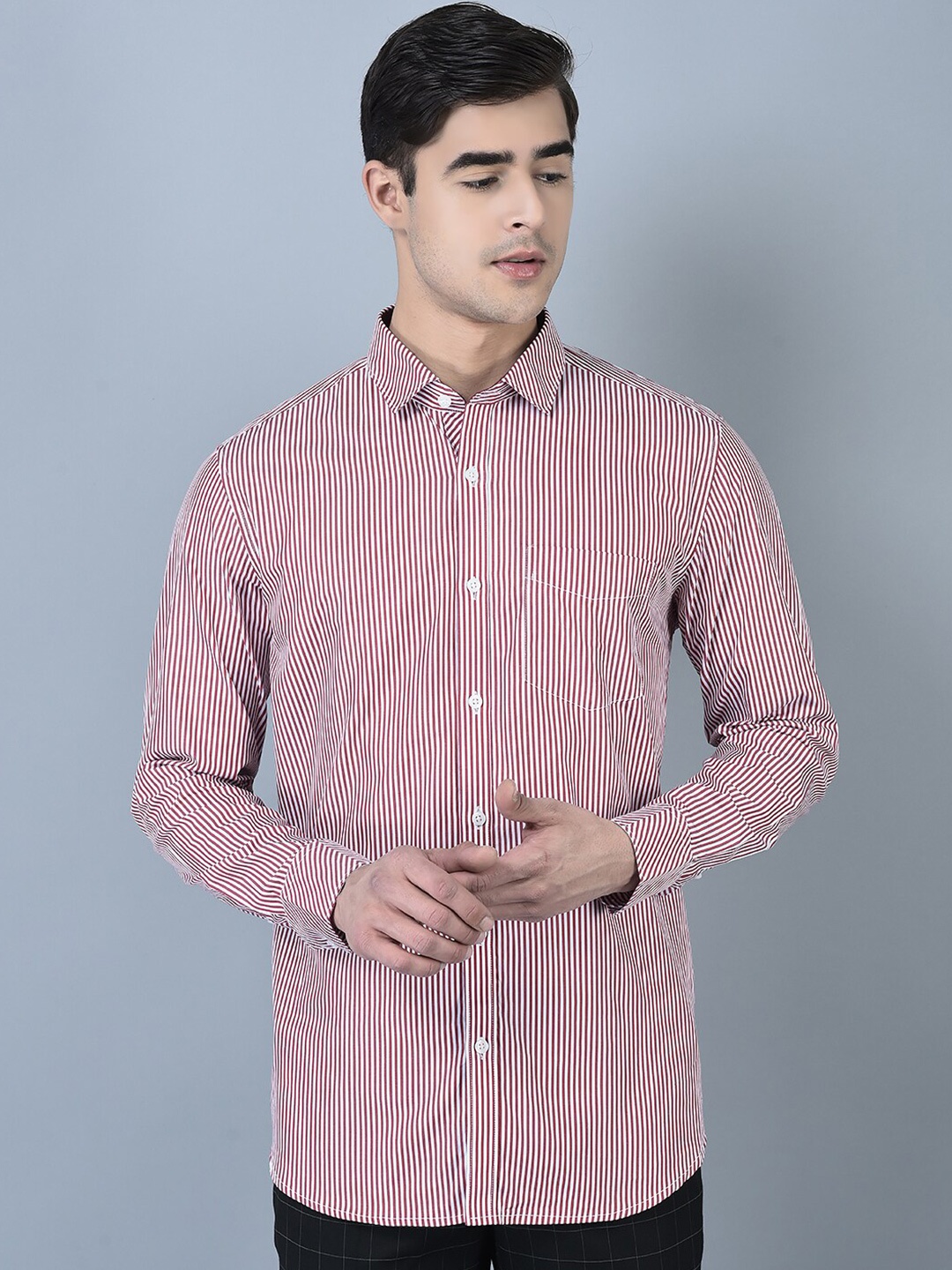 

CANOE Vertical Striped Spread Collar Smart Cotton Casual Shirt, Red
