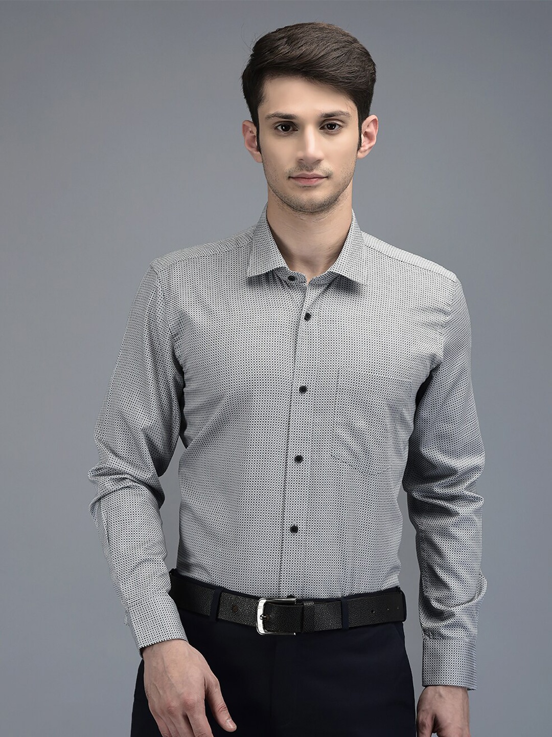

CANOE Smart Micro Checked Spread Collar Pure Cotton Formal Shirt, Grey