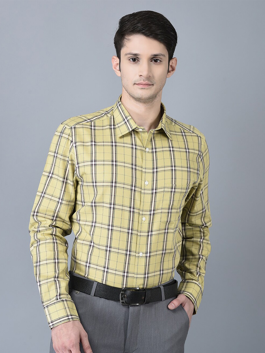 

CANOE Smart Tartan Checked Spread Collar Pure Cotton Formal Shirt, Yellow