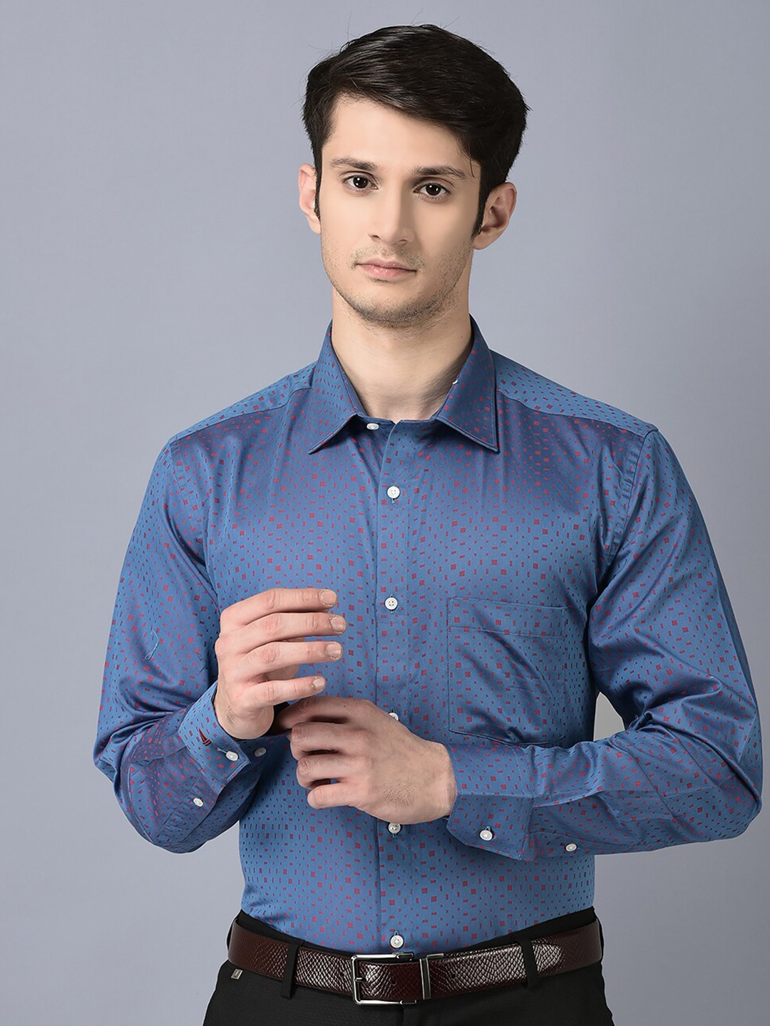 

CANOE Smart Micro Ditsy Printed Spread Collar Pure Cotton Formal Shirt, Blue