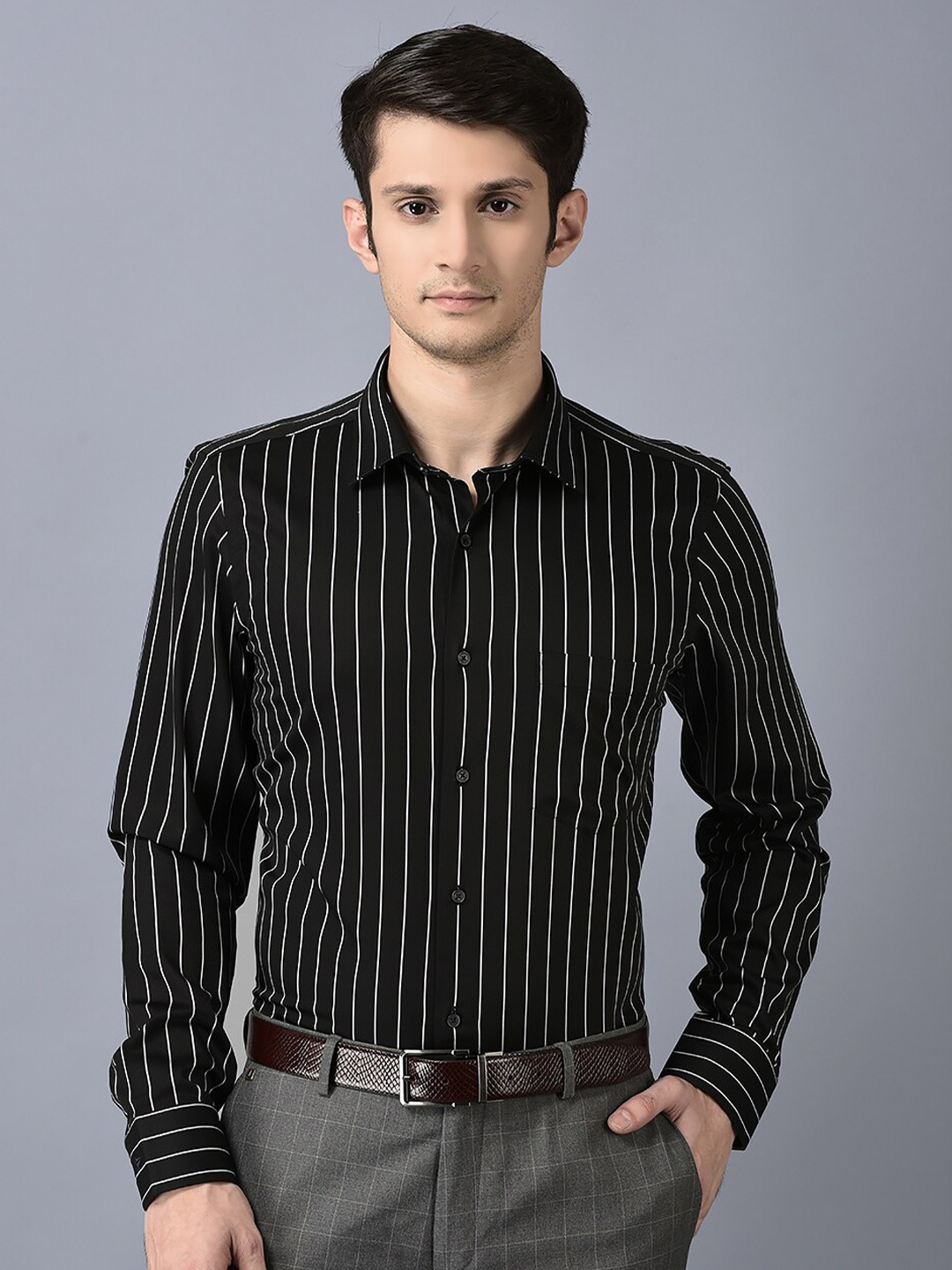 

CANOE Smart Vertical Striped Pure Cotton Formal Shirt, Black