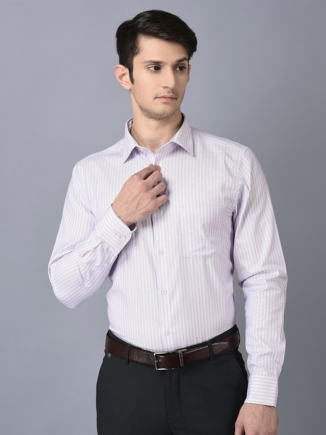

CANOE Vertical Striped Spread Collar Smart Cotton Formal Shirt, White