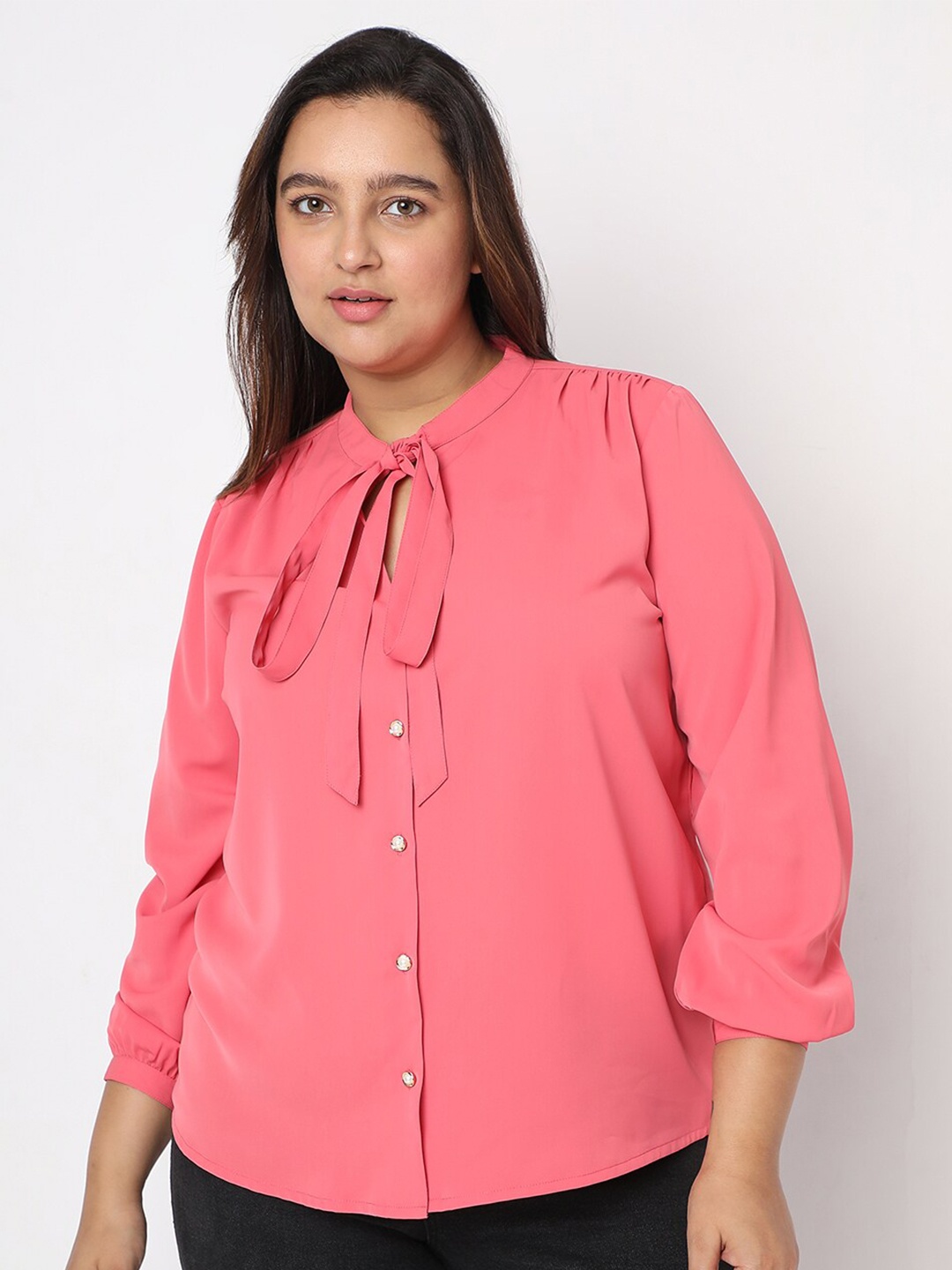 

VERO MODA CURVE Plus Size Tie-Up Neck Casual Shirt, Pink