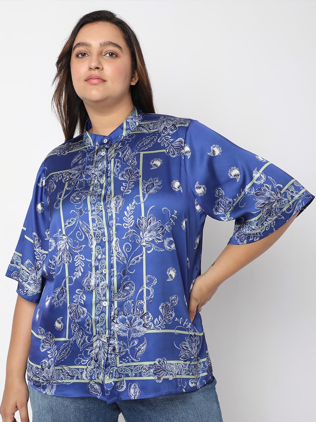 

VERO MODA CURVE Plus Size Boxy Abstract Printed Casual Shirt, Blue