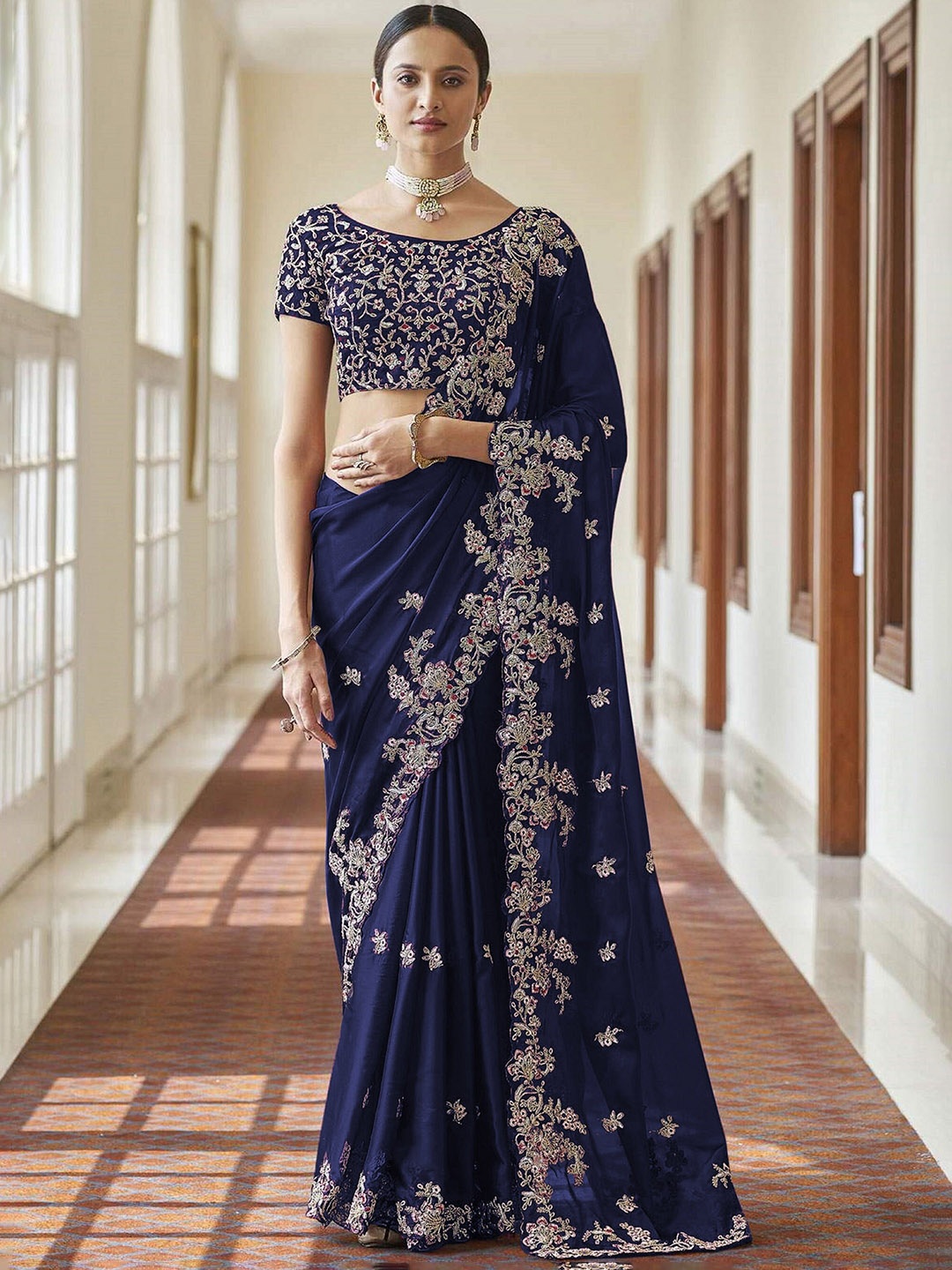 

Trendmalls Floral Embroidered Pure Silk Saree, Blue
