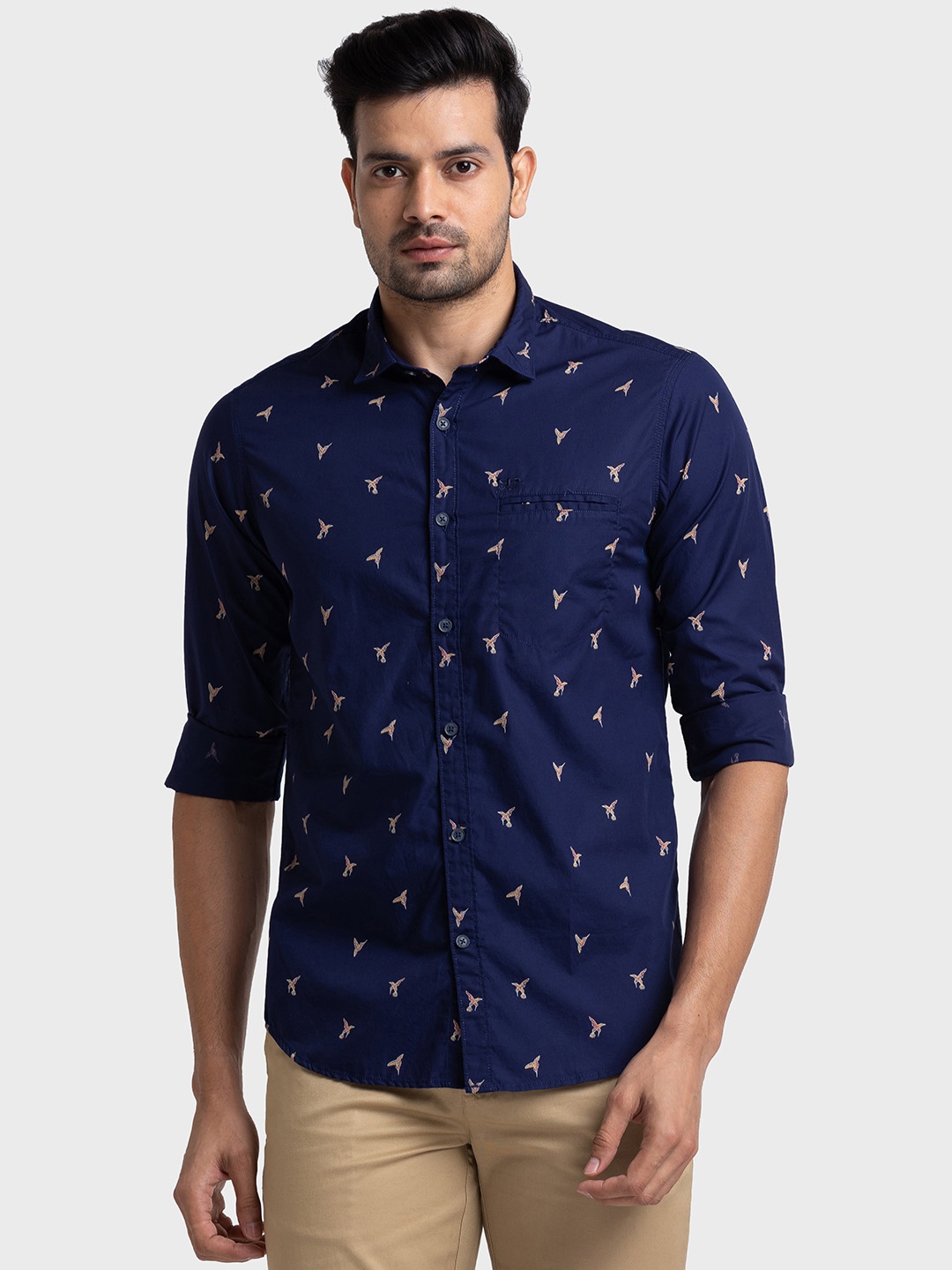 

ColorPlus Conversational Printed Long Sleeves Cotton Casual Shirt, Navy blue