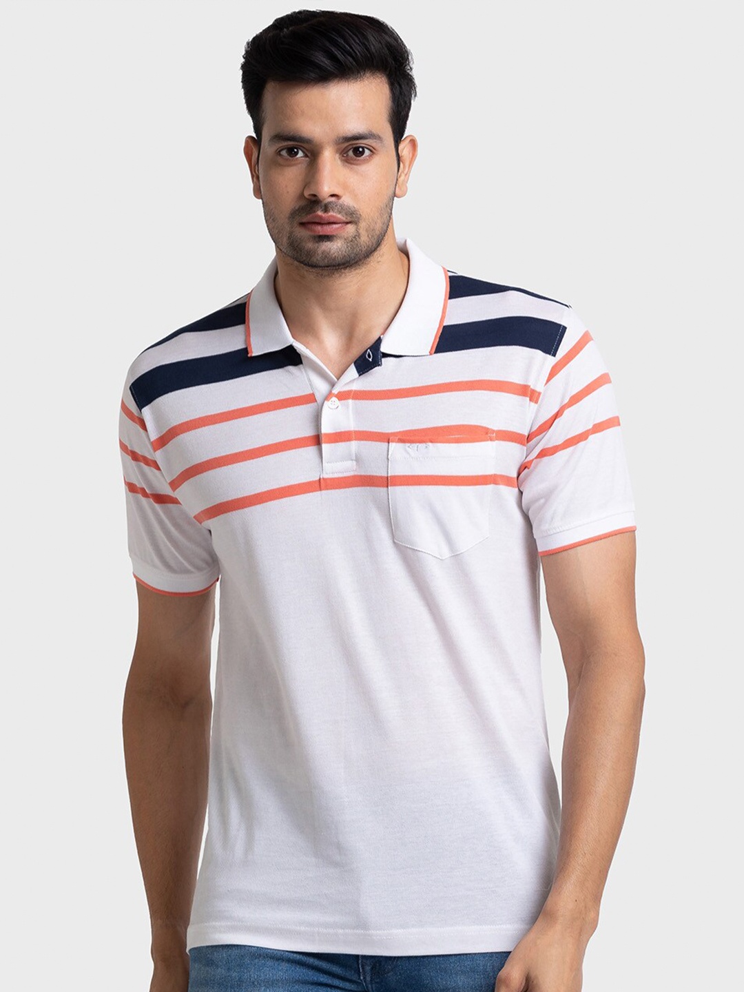 

ColorPlus Striped Polo Collar Cotton T-shirt, White