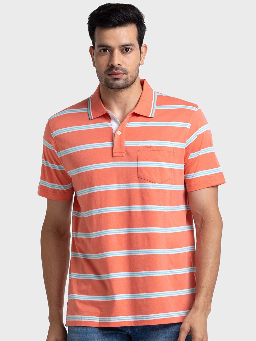 

ColorPlus Striped Polo Collar Casual Cotton T-shirt, Orange