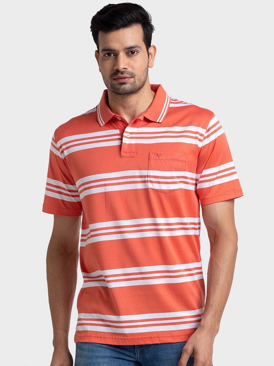 

ColorPlus Striped Polo Collar Cotton T-shirt, Orange