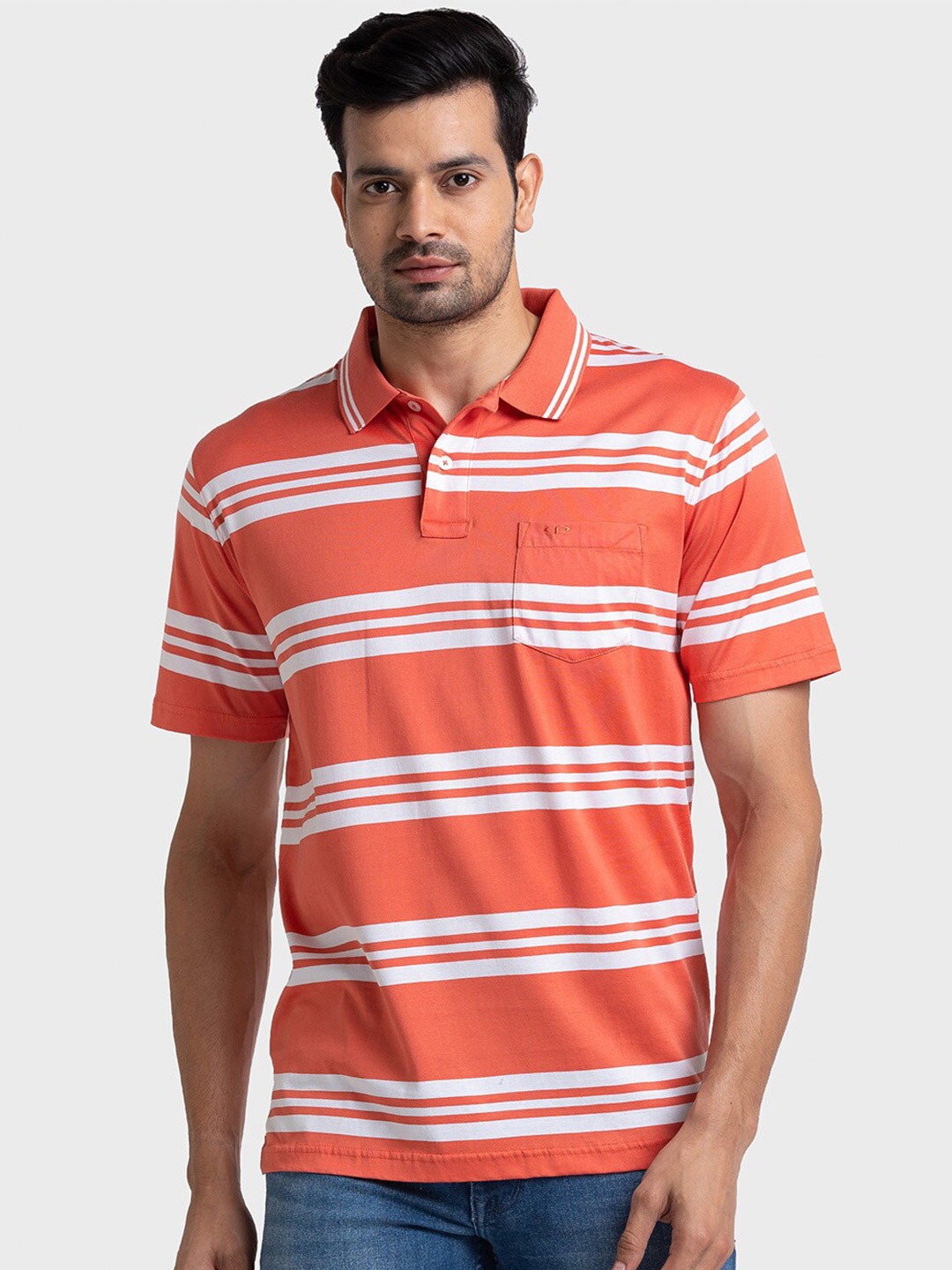 

ColorPlus Striped Polo Collar Cotton T-shirt, Orange