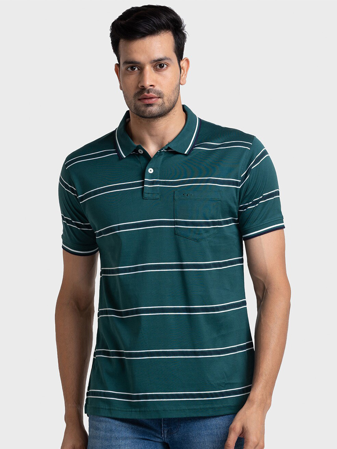 

ColorPlus Striped Polo Collar Cotton T-shirt, Green