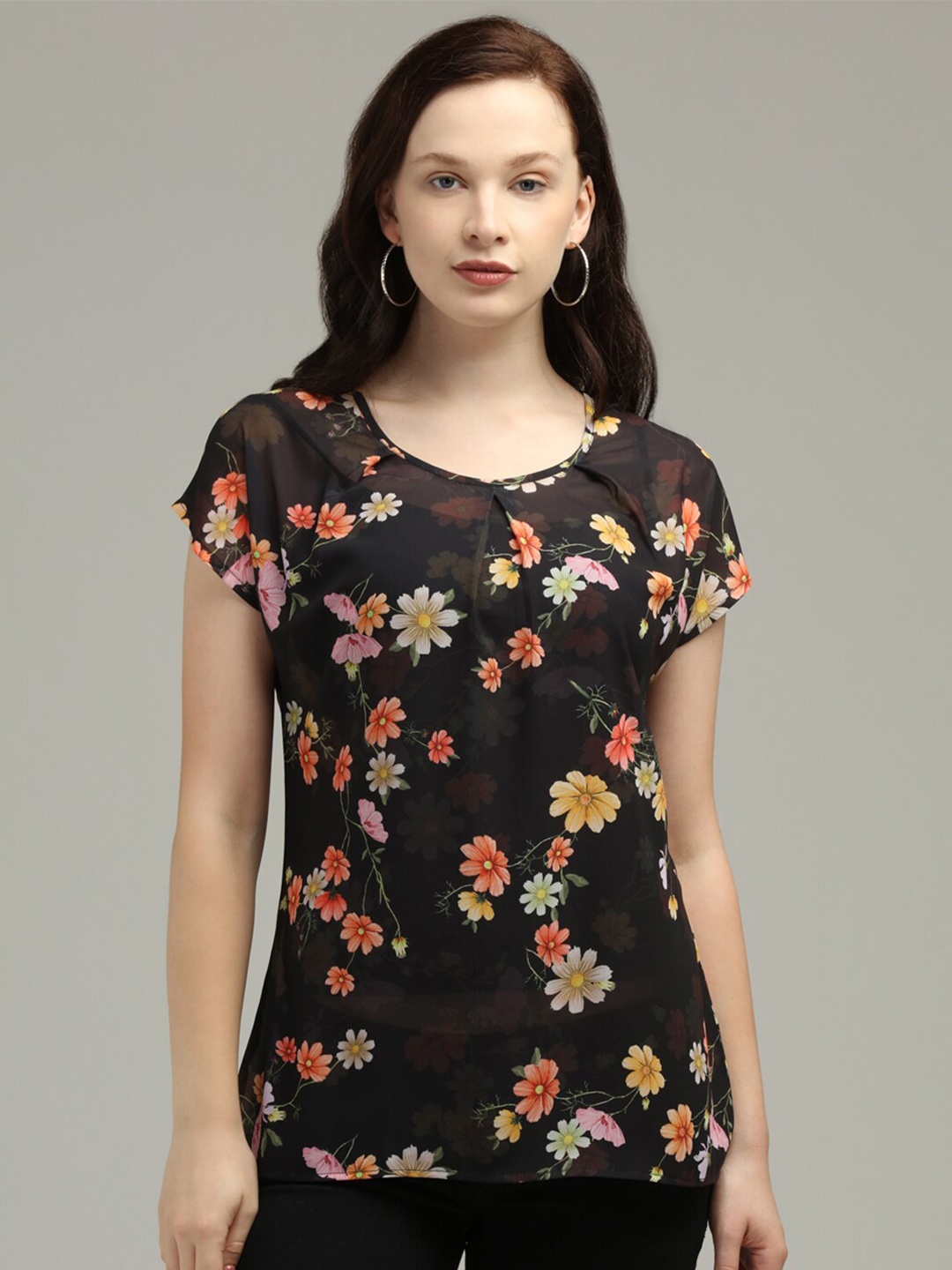 

IDK Floral Printed Round Neck Top, Black