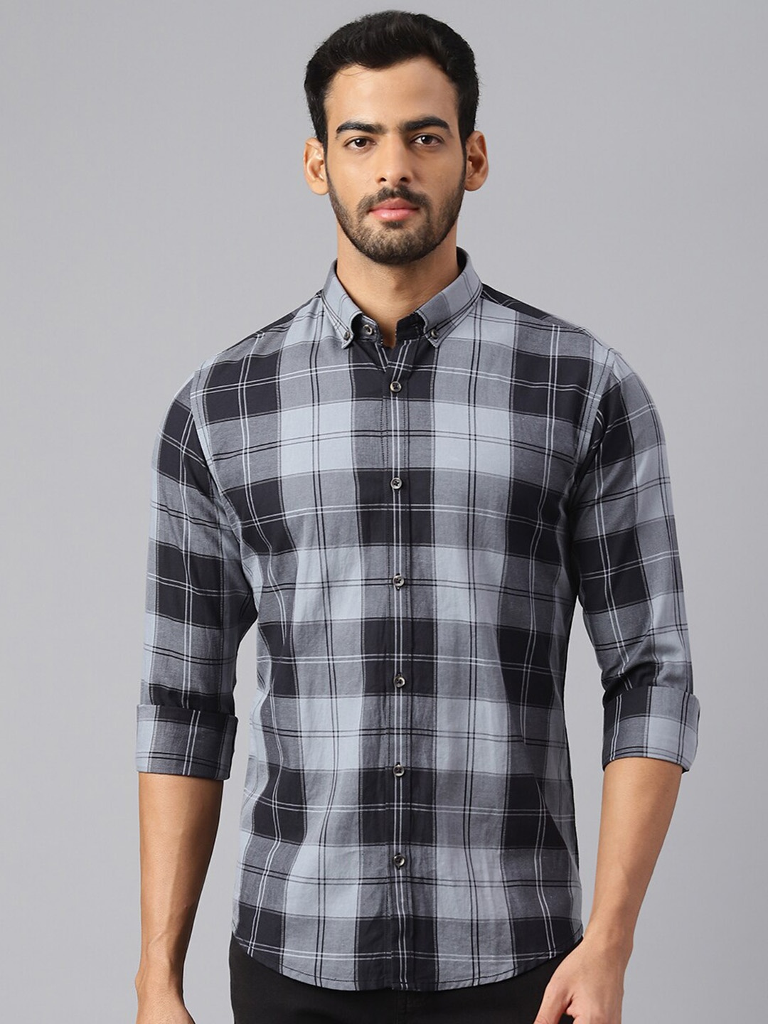 

MR BUTTON Checked Long Sleeves Slim Fit Cotton Casual Shirt, Black