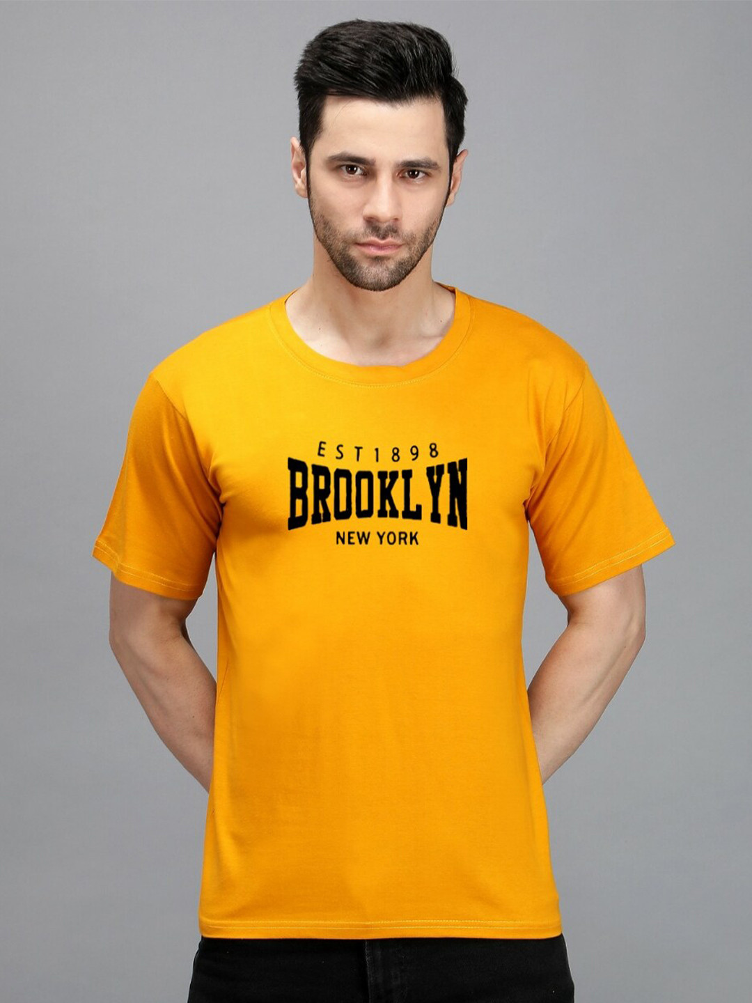 

TRENDY RABBIT Typography Printed Cotton T-shirt, Mustard