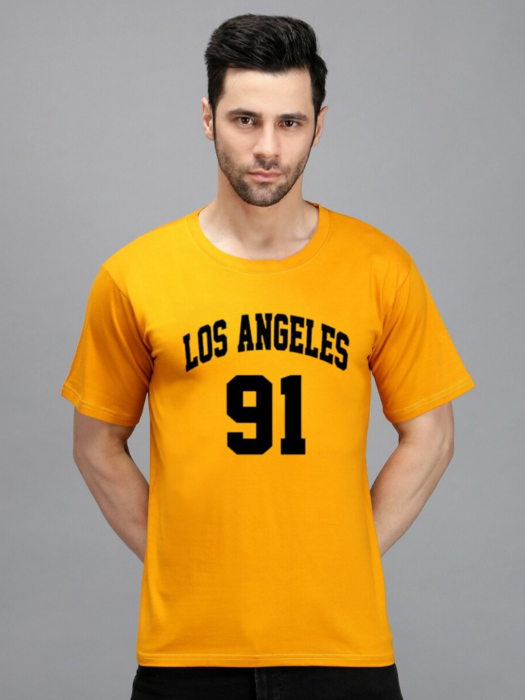 

TRENDY RABBIT Varsity Printed Round Neck Cotton T-shirt, Mustard