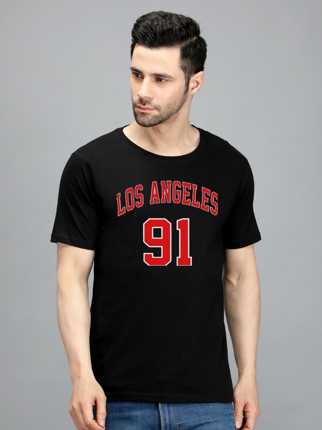 

TRENDY RABBIT Varsity Printed Round Neck Cotton T-shirt, Black