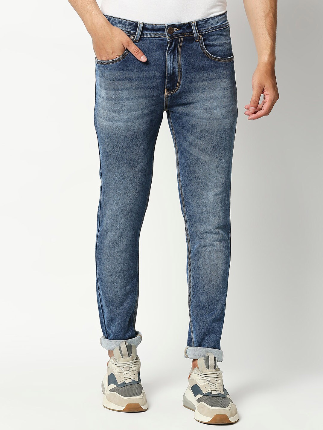 

High Star Men Slim Fit Heavy Fade Low Distress Stretchable Jeans, Blue