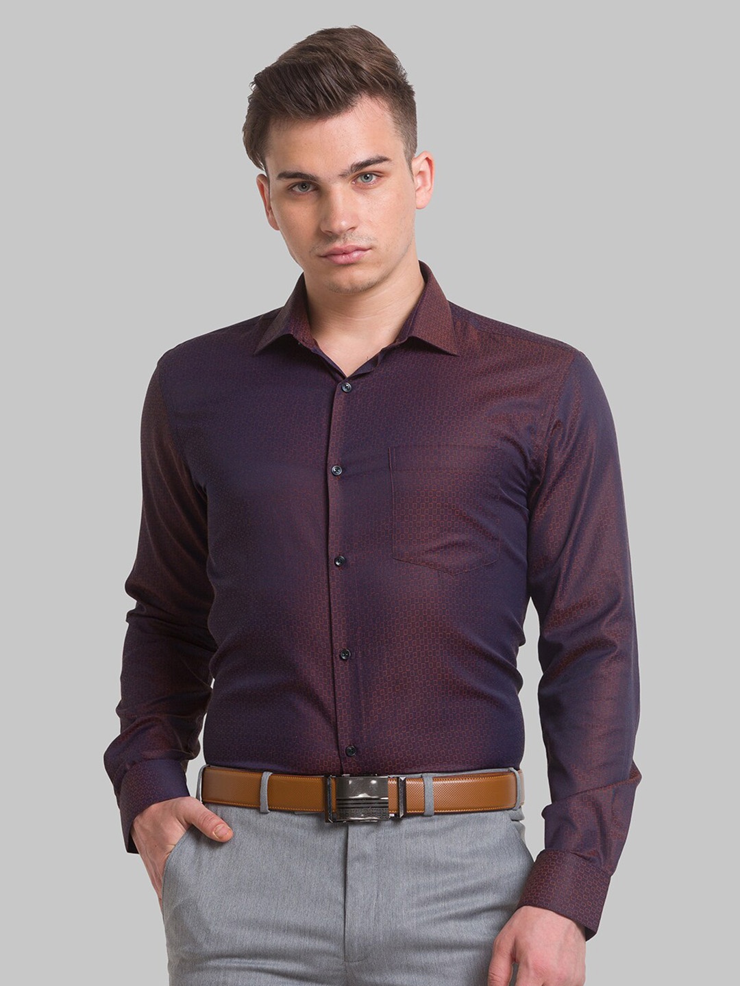 

Park Avenue Self Design Spread Collar Long Sleeves Slim Fit Formal Shirt, Purple