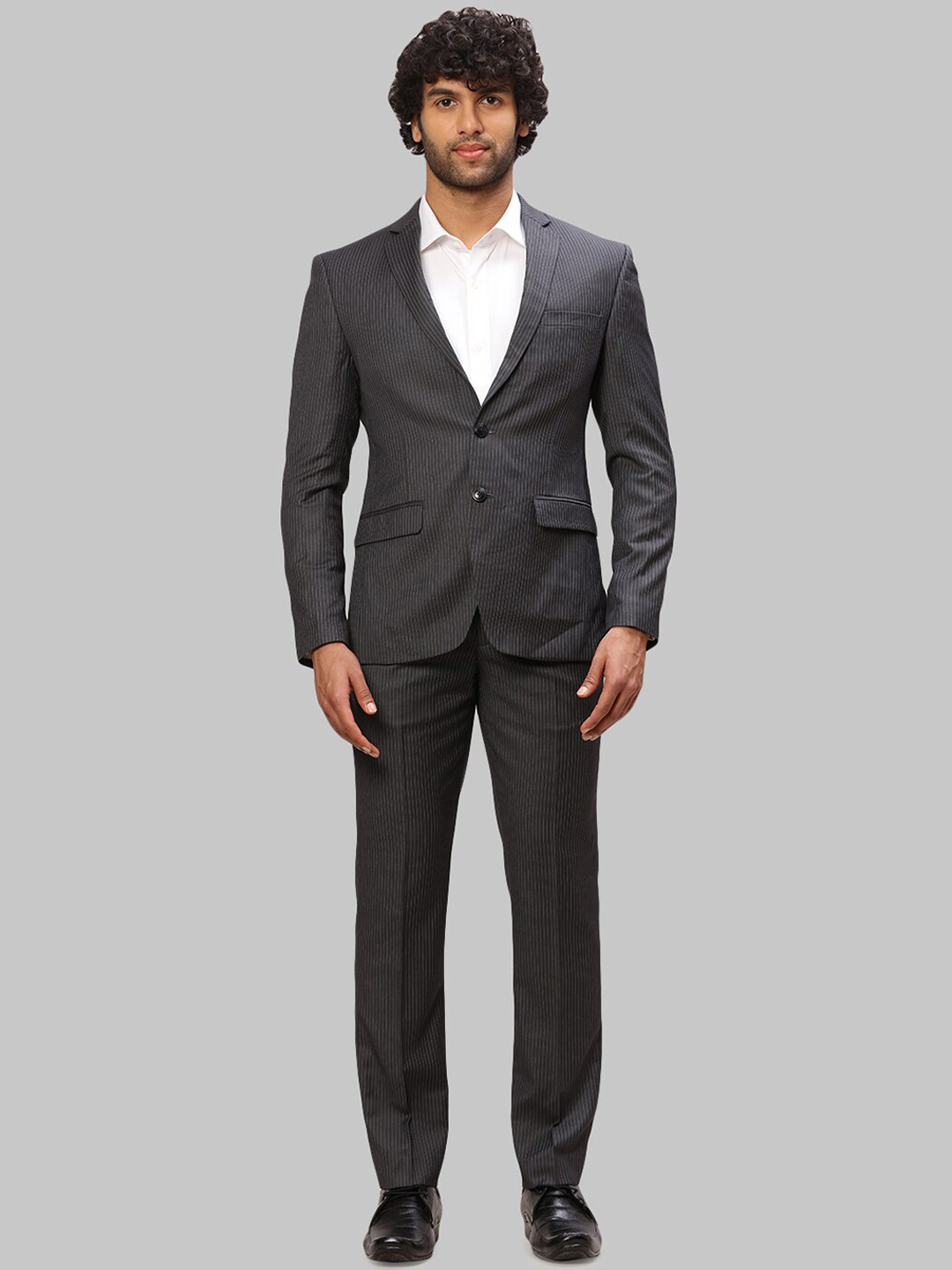 

Park Avenue Men Striped Single Breasted Two Piece Formal Suit, Grey