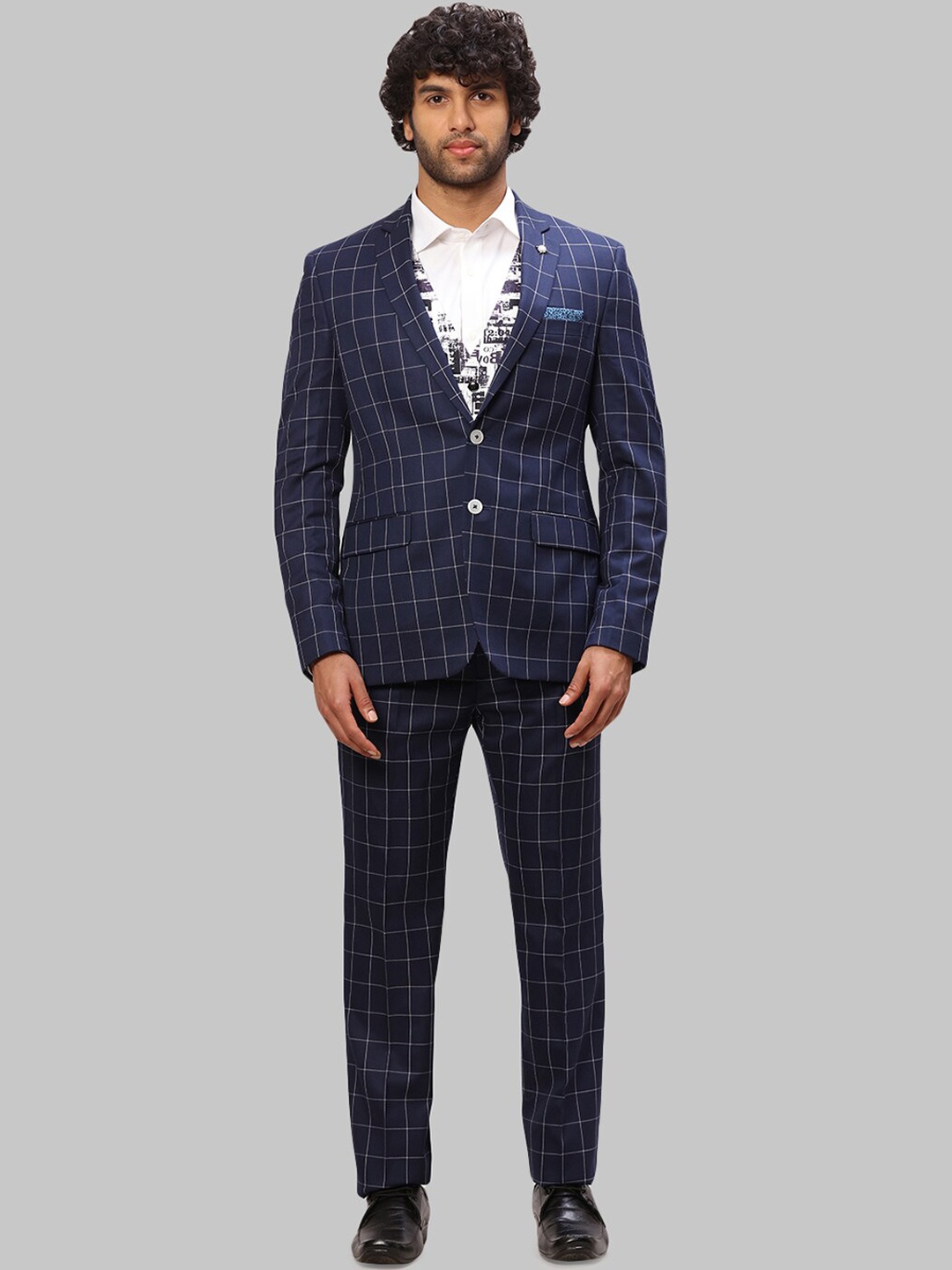 

Park Avenue Men Checked Single-Breasted Three-Piece Formal Suit, Blue