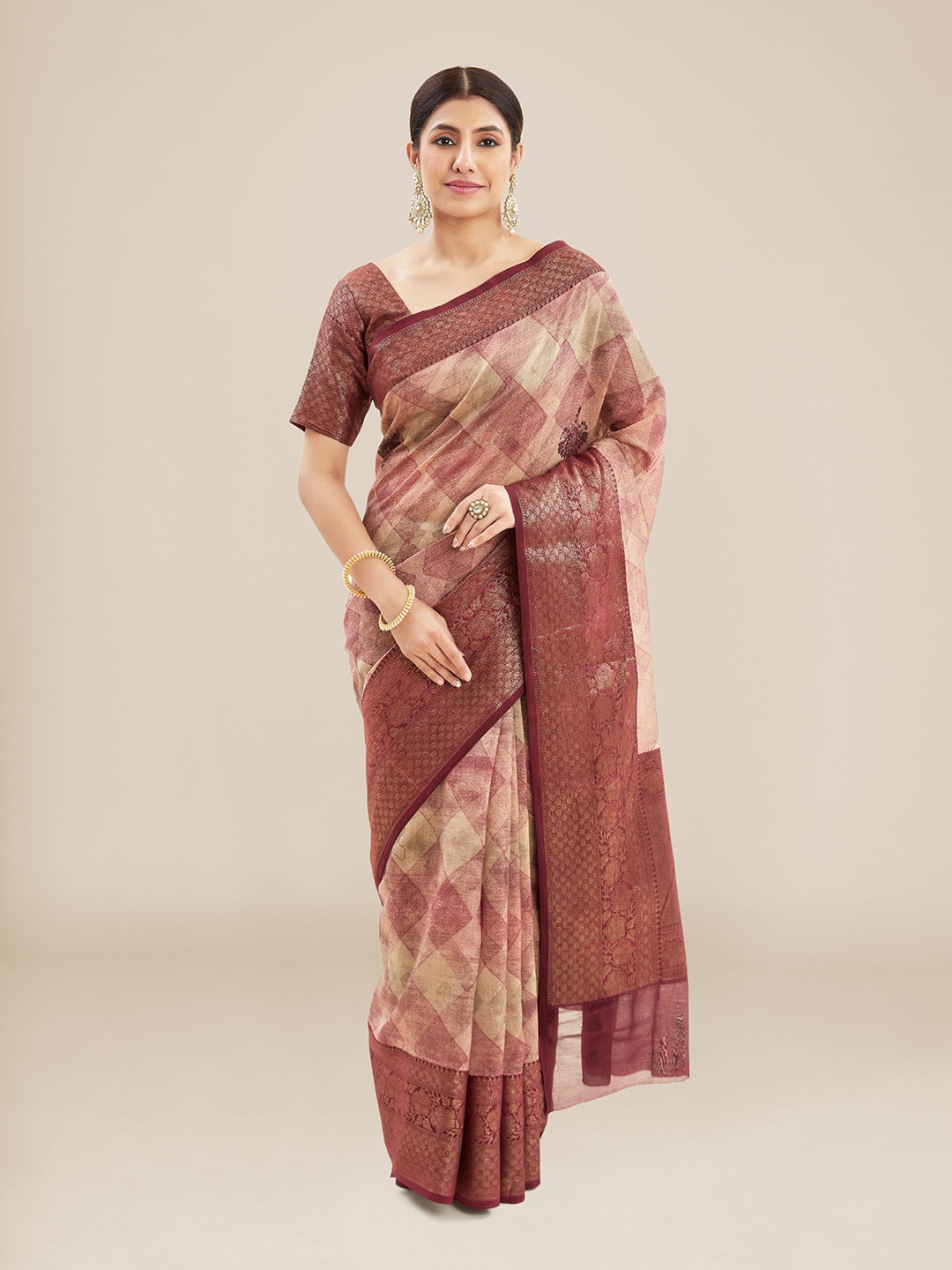 

Kalyan Silks Geometric Printed Zari Chanderi Saree, Brown