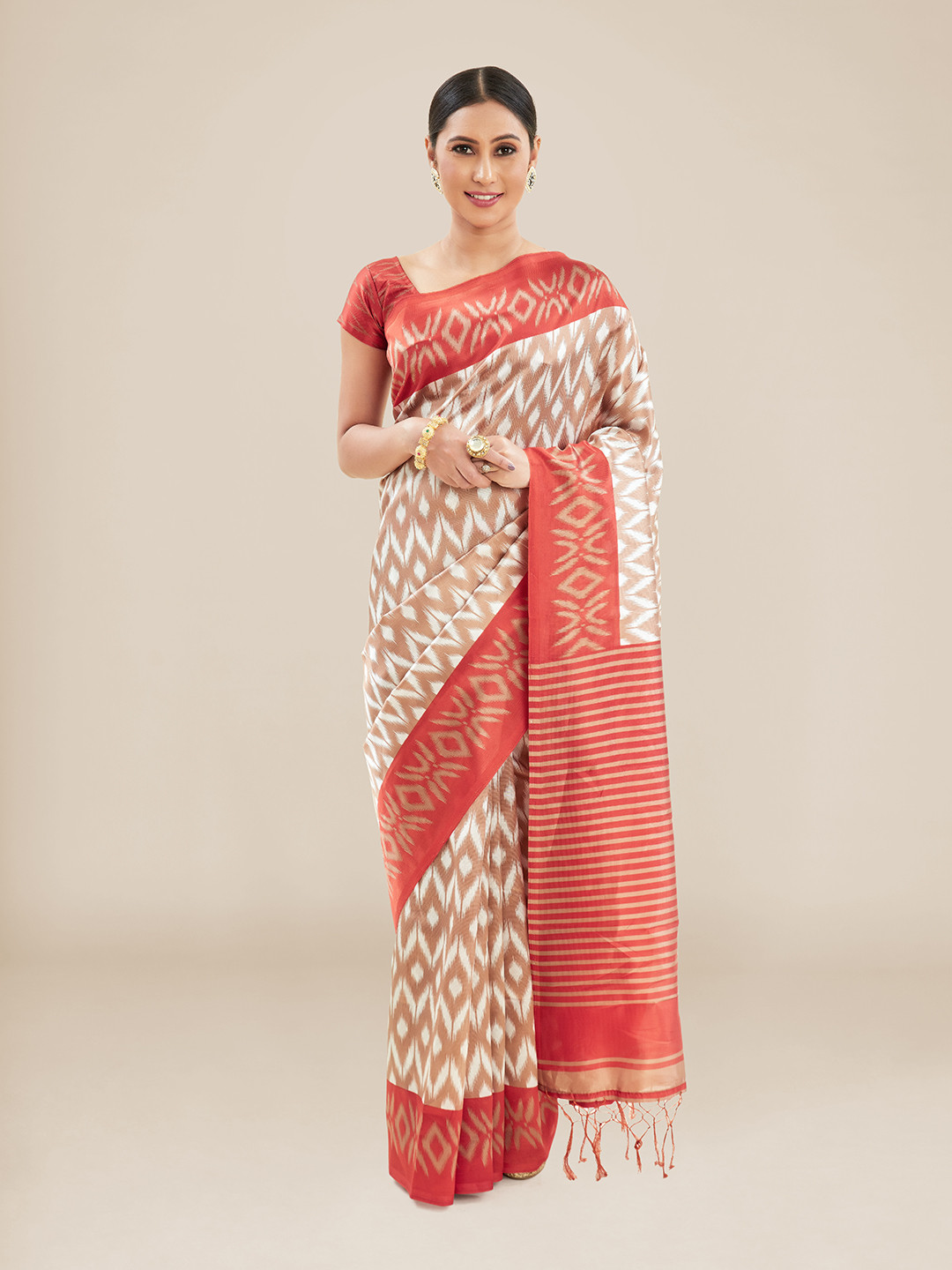 

Kalyan Silks Geometric Printed Ikat Saree, Orange