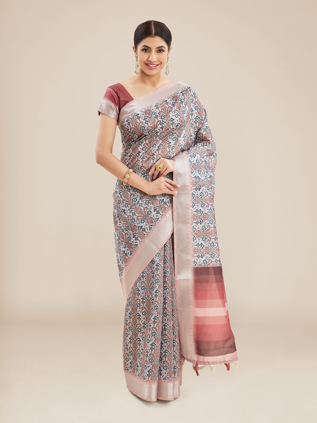 

Kalyan Silks Ethnic Motifs Printed Zari Chanderi Saree, Grey