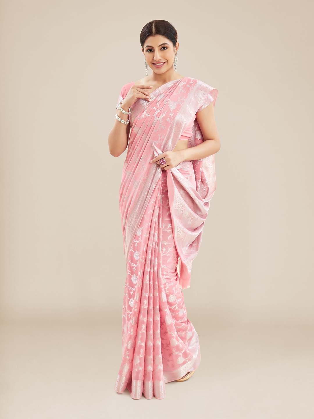 

Kalyan Silks Floral Woven Design Zari Organza Banarasi Saree, Pink