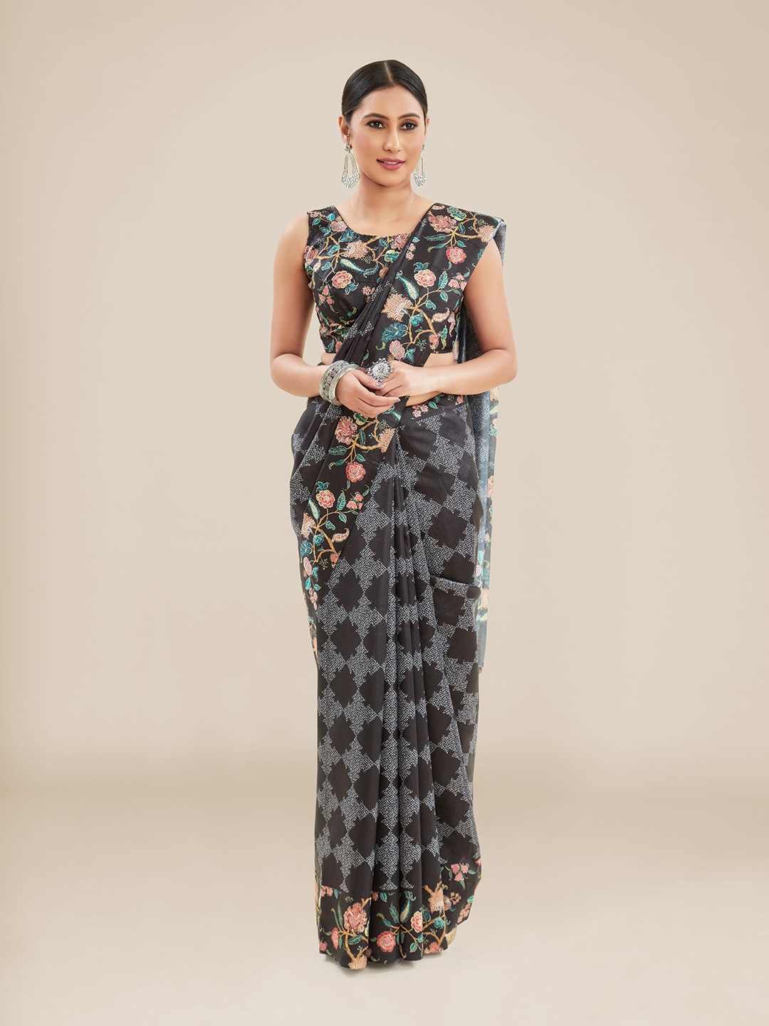 

Kalyan Silks Floral Poly Chiffon Leheriya Saree With Tassel, Black