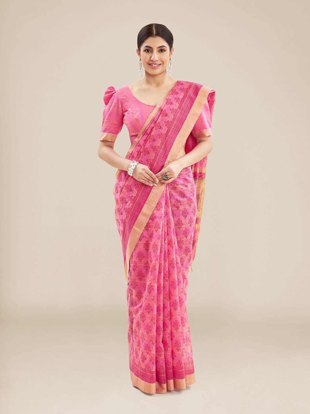 

Kalyan Silks Ethnic Motifs Zari Silk Cotton Chanderi Saree, Blue