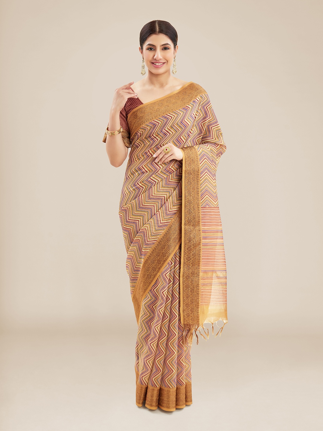 

Kalyan Silks Geometric Cotton Blend Zari Saree, Brown
