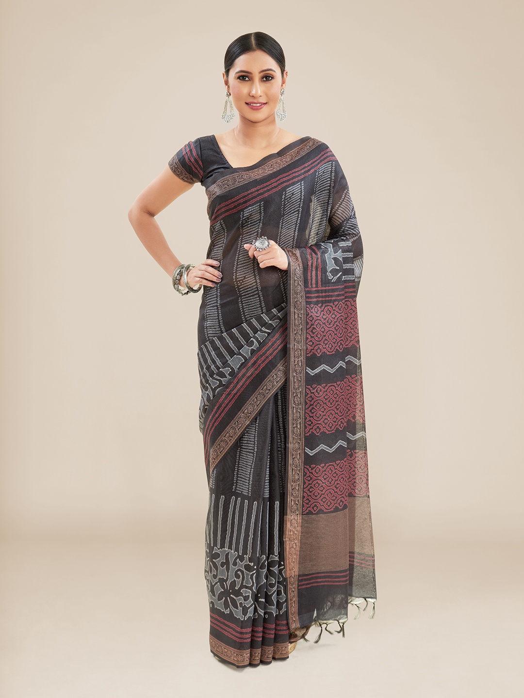 

Kalyan Silks Striped Bhagalpuri Saree, Black