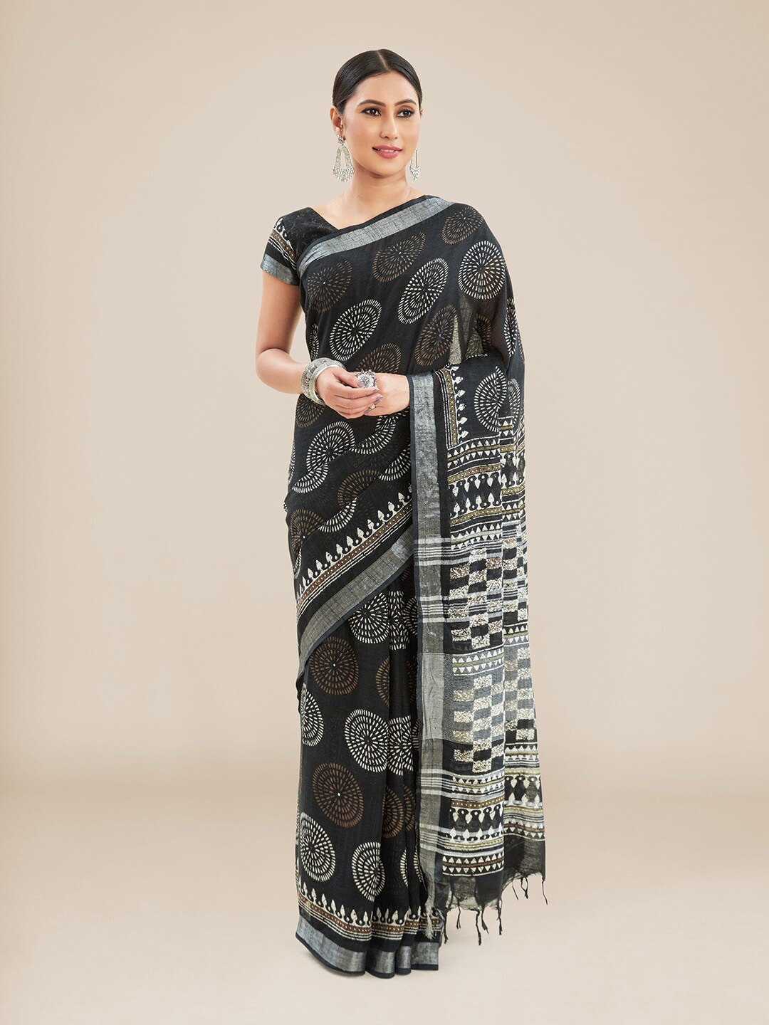 

Kalyan Silks Ethnic Motifs Zari Linen Blend Block Print Saree, Black