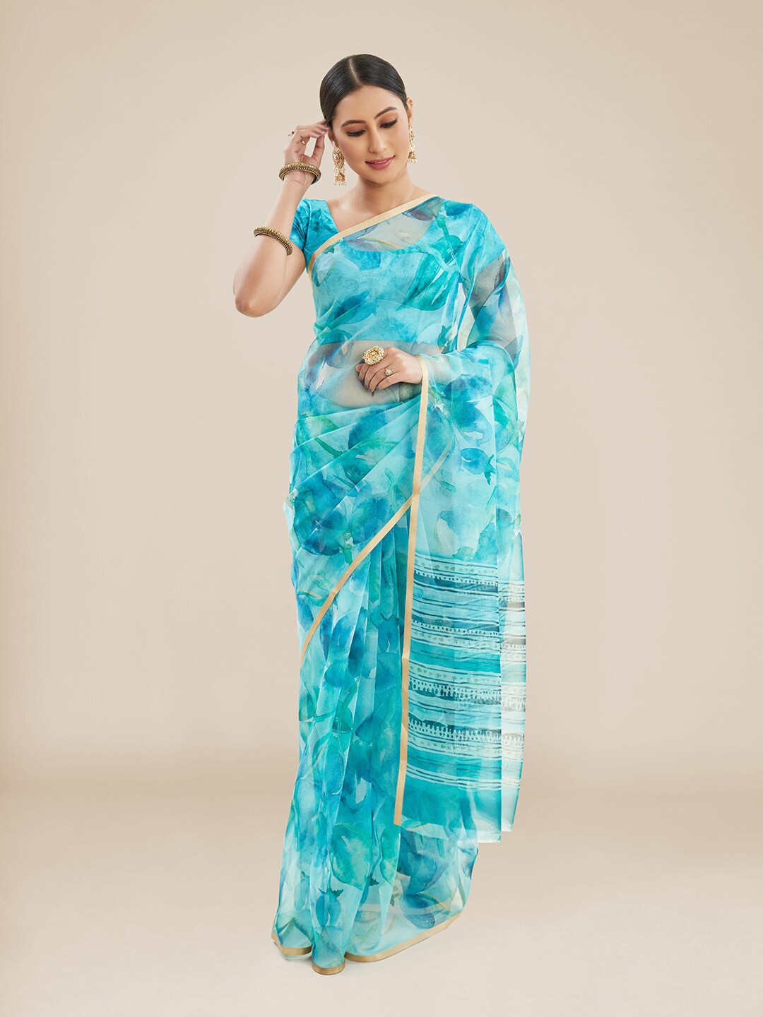 

Kalyan Silks Floral Printed Zari Organza Saree, Blue