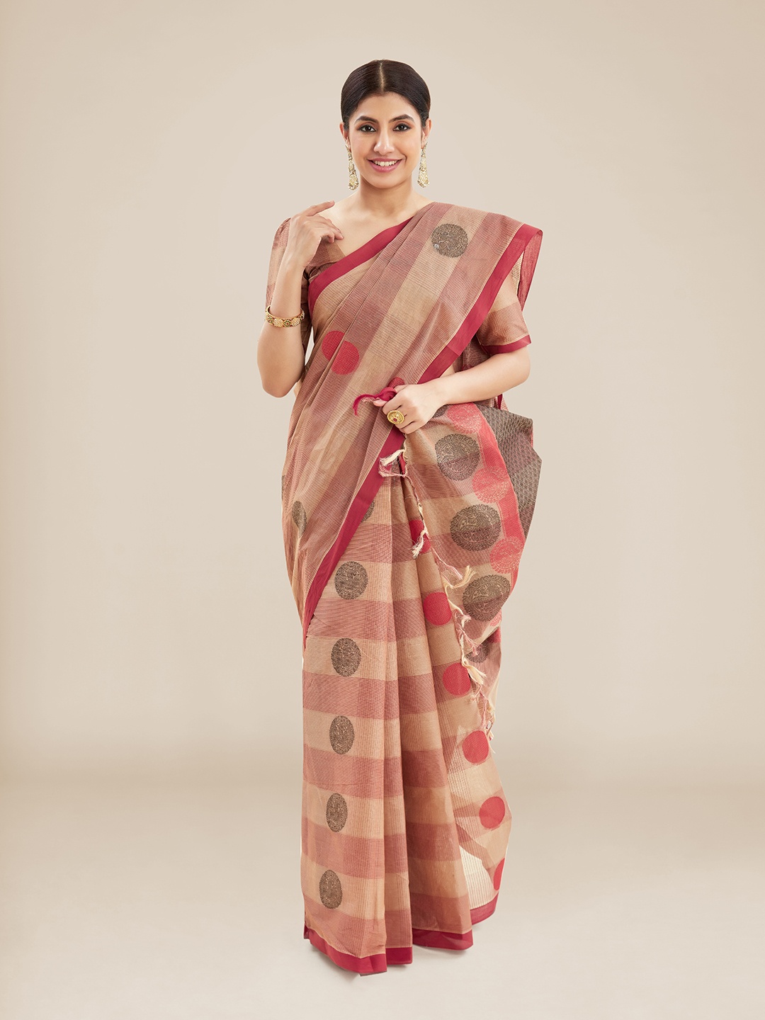 

Kalyan Silks Geometric Printed Woven Design Pure Cotton Taant Saree, Beige