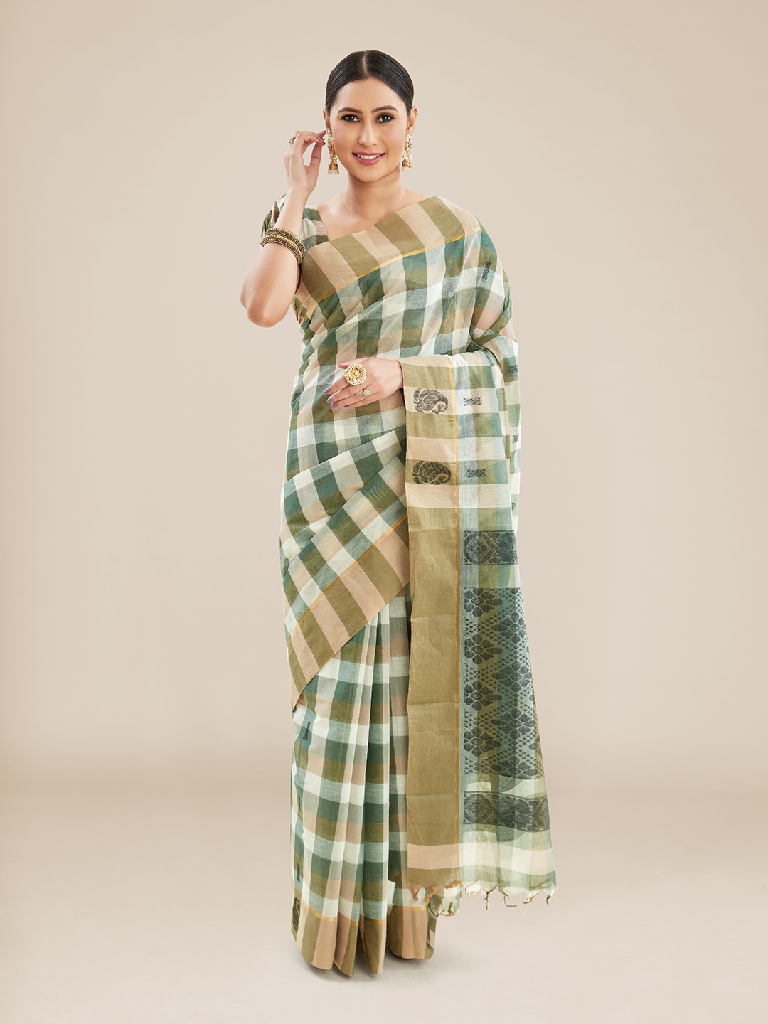 

Kalyan Silks Checked Pure Cotton Venkatgiri Saree, Green