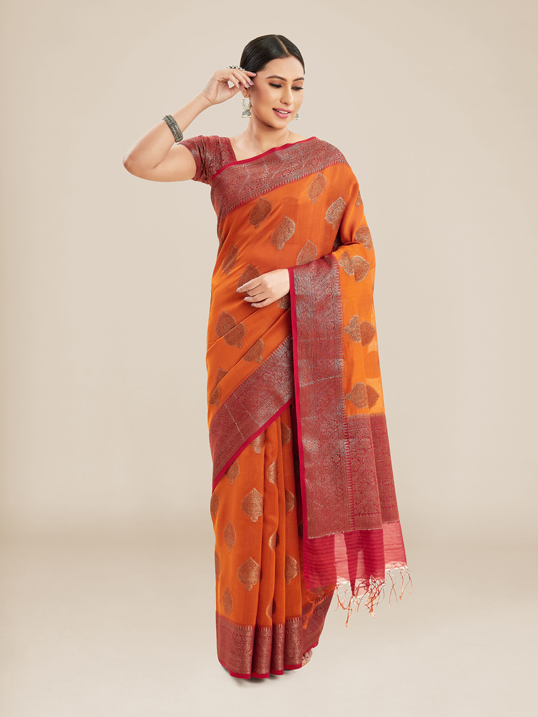 

Kalyan Silks Ethnic Motifs Woven Design Zari Banarasi Saree, Orange