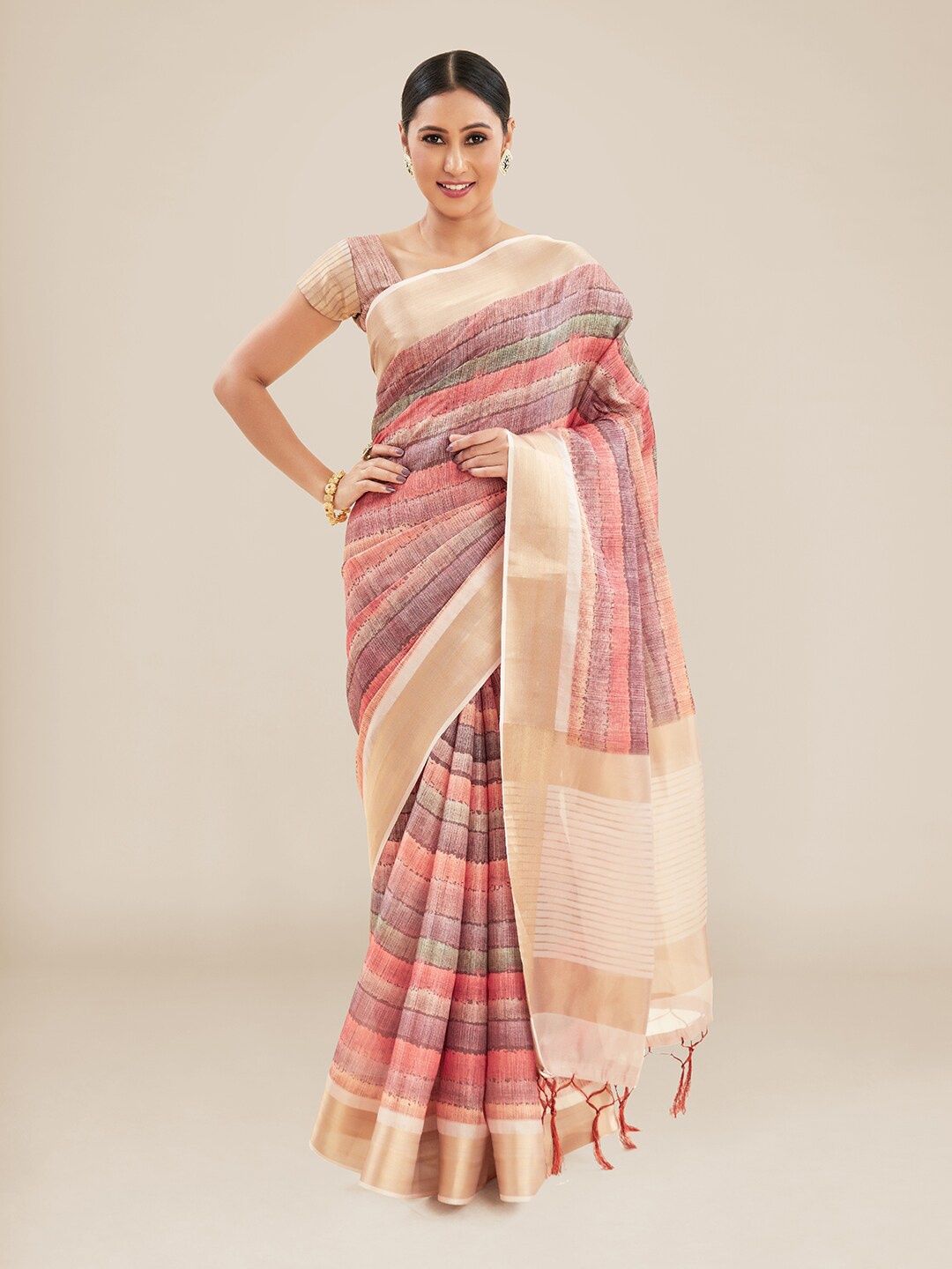 

Kalyan Silks Striped Silk Blend Bhagalpuri Zari Saree, Beige