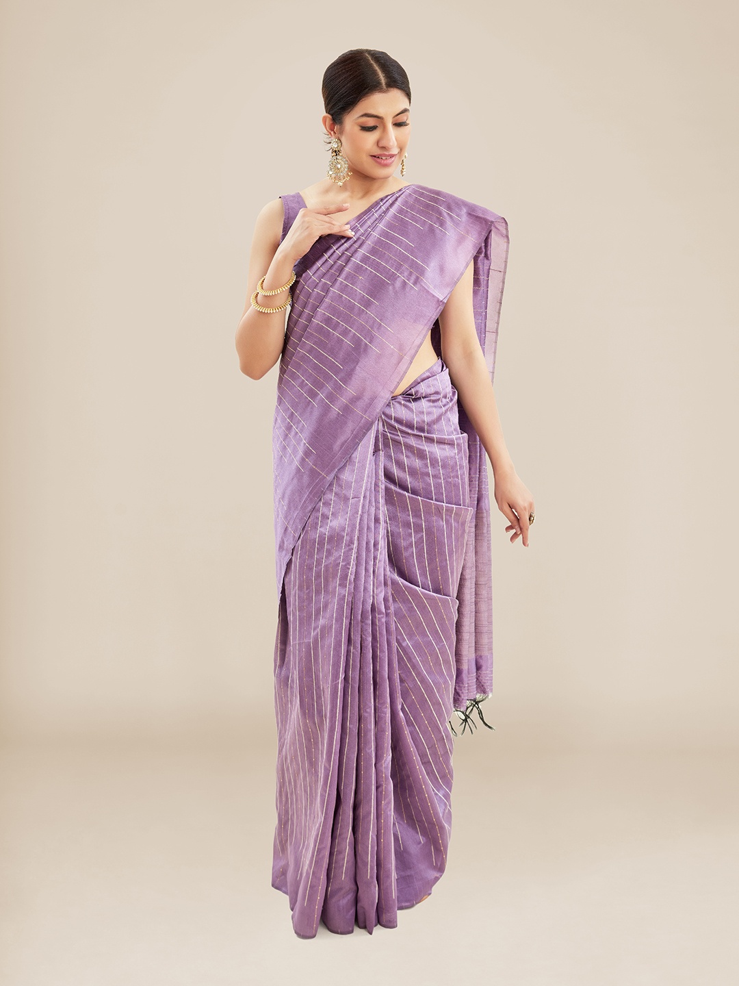 

Kalyan Silks Striped Jute Silk Tussar Saree, Purple