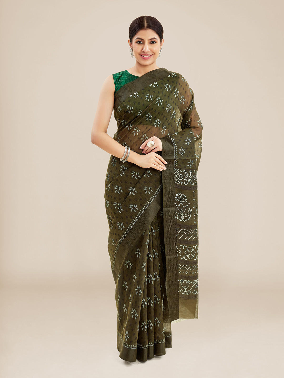 

Kalyan Silks Floral Printed Kota Saree, Green