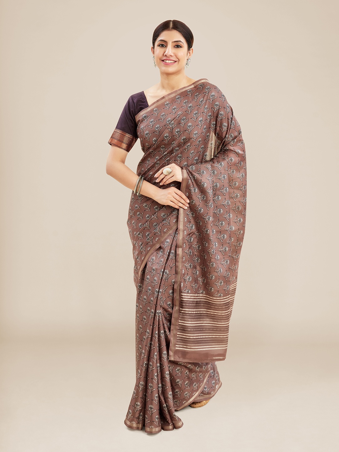 

Kalyan Silks Ethnic Motifs Zari Tussar Saree, Brown