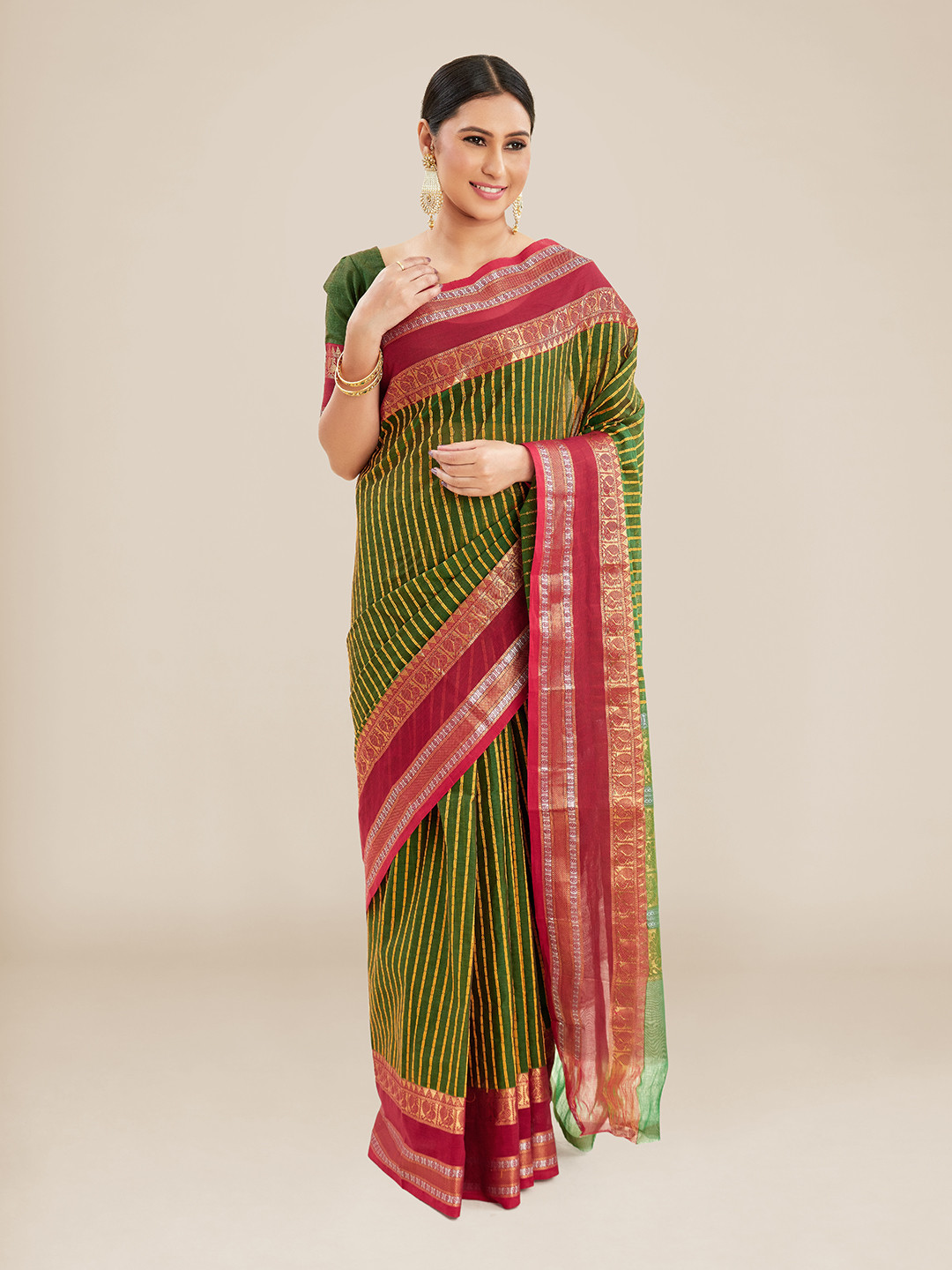 

Kalyan Silks Striped Zari Ilkal Saree, Green